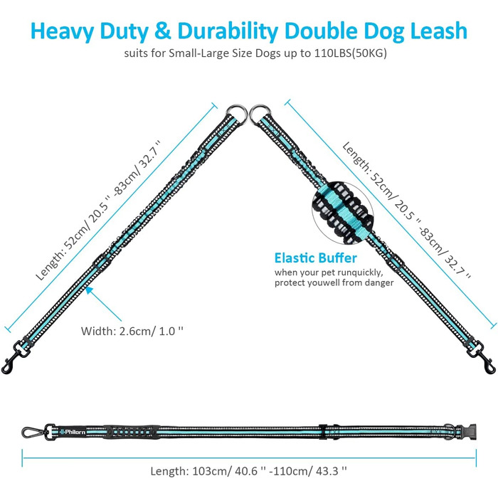 Повідець для собак PHILORN для 2 собак 50 кг-знімний і світловідбиваючий Регульований 167-223 см-амортизуючий поводок для собак, поводок від руки, без заплутування подвійний поводок з 2 ручками, поясний кишеню (синій)