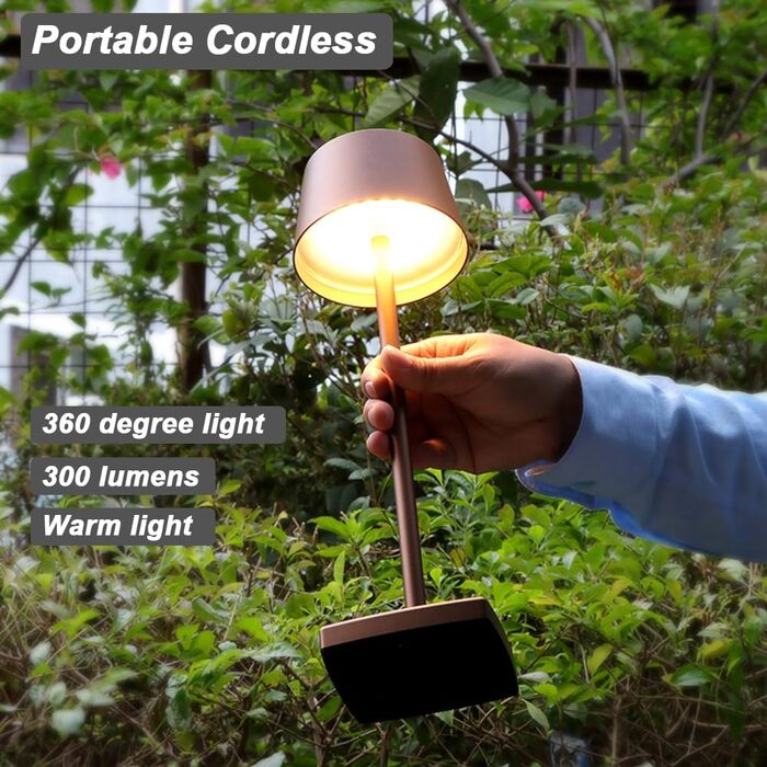 LED настільна лампа бездротова, 6000mAh, IP54, алюміній, сенсорне керування, тепле світло, для спальні, кав'ярні, ресторану (коричнева)