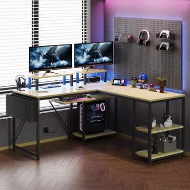 Ігровий стіл Flamaker L-подібний 140x140 см з RGB LED, підставка для монітора та ящик для зберігання | 2 розетки + 2 USB-порти (Вуглецеве волокно Чорний) (Бежевий)