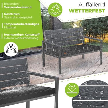 Садова лавка KESSER® з подушкою – лавка для відпочинку на вулиці, 2 місця, паркова лавка з імітацією дерева, для балкона, тераси, саду, вантажопідйомність до 300 кг, стійка до УФ, знімний та пральний чохол, антрацит / антрацит