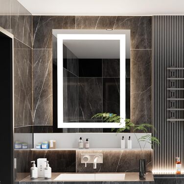 Дзеркало для ванної кімнати Luminorcrest з підсвічуванням, прямокутне 60 x 80 см, LED, 3 кольори, диммування, сенсорне управління, антизапар, CRI90+, загартоване скло, бокове та заднє підсвічування