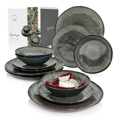 Набір посуду SÄNGER Копенгаген 12 предметів, керамічний, на 4 особи: обідні, сніданкові та глибокі тарілки, зелено-сірий, для посудомийної машини | PREMIUM COLLECTION