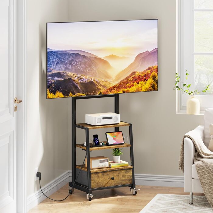 Тумба для телевізора на колесах з ящиком, для телевізорів 32-75 дюймів, регульована, з розеткою, коричнева, 140 см