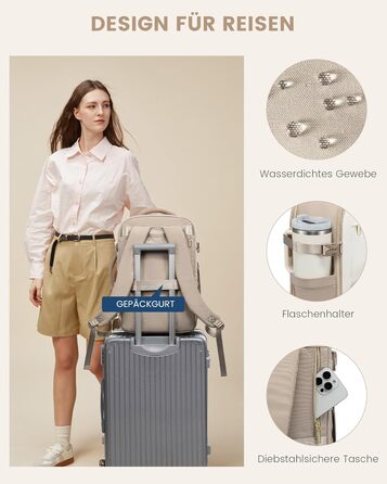 LOVEVOOK Рюкзак ручної поклажі, 40л, 17.3 дюйми, для подорожей та бізнесу, водонепроникний, 45x30x20см, світло-бежевий