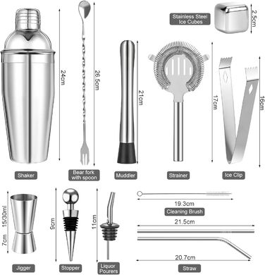 Набір шейкерів для коктейлів 750 мл: Бостонський та герметичний з нержавіючої сталі, 15 предметів