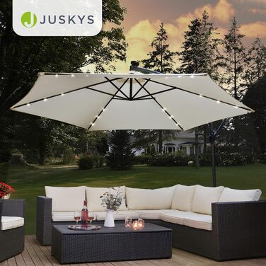 Парасолька від сонця Juskys Brazil 350 см з LED-підсвіткою, сонячною панеллю та ручкою, водовідштовхуюча, з UV-захистом, колір крем/сірий