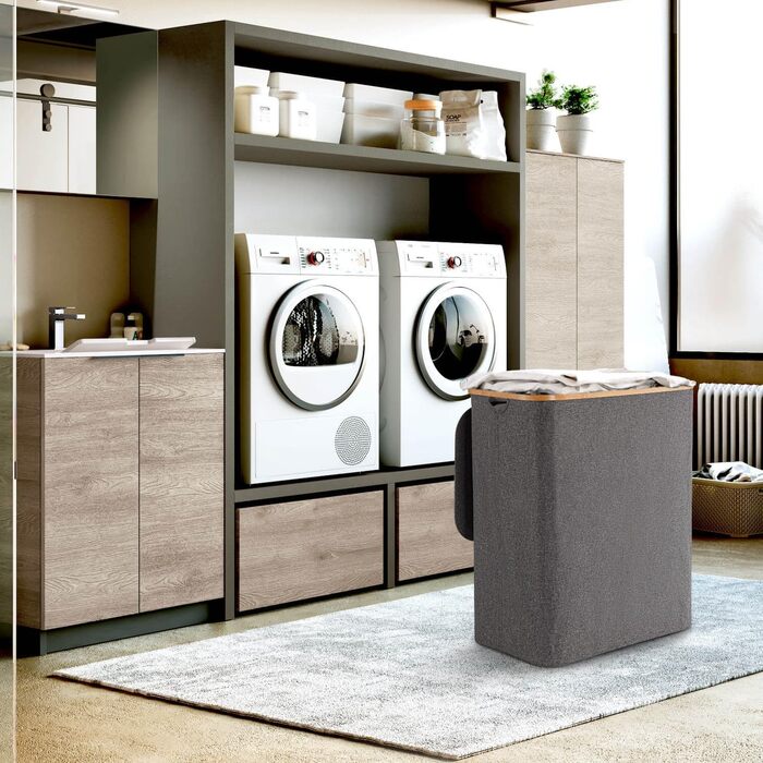 Кошик для білизни Rieeyrslza з кришкою 158л з бамбука та тканини Оксфорд, знімні мішки для білизни, складний сортер для білизни, багатофункціональний кошик для зберігання (сірий)