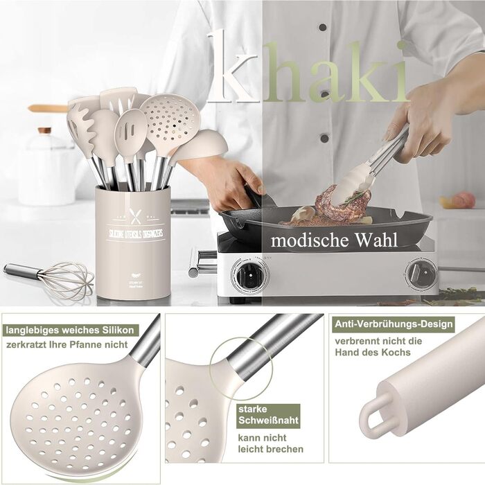 Набір кухонних помічників, 26 предметів: силіконове кухонне приладдя з нержавіючою сталею, стійке до нагрівання, з підставкою, антипригарне, для посудомийної машини - Хакі