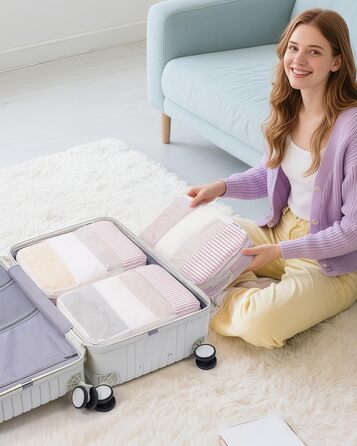 Набір органайзерів для валізи та рюкзака Narwey, 6 шт, компресійні пакувальні куби для подорожей (Рожеві смужки)