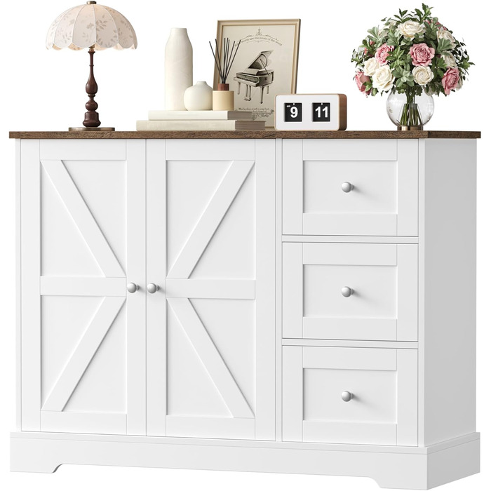 HOCSOK Комод-буфет з 3 шухлядами та 2 дверцятами, білий та коричневий, для кухні, вітальні, їдальні