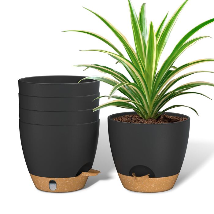 Набір горщиків для квітів ZMTECH 25 см з підставкою, пластикові пересаджувальні горщики з автополивом, кашпо з індикатором рівня води для дому/саду (2 шт., чорний)