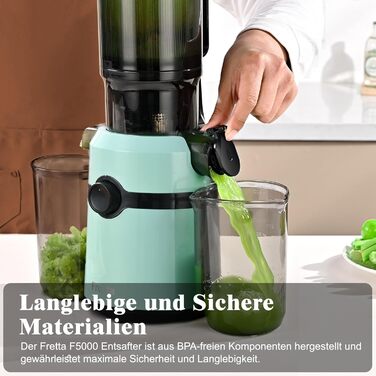 Фреш-прес Fretta: повільний соковичавник з широкою завантажувальною трубою (108 мм), 200W, 1 л, BPA-free Tritan, блакитний