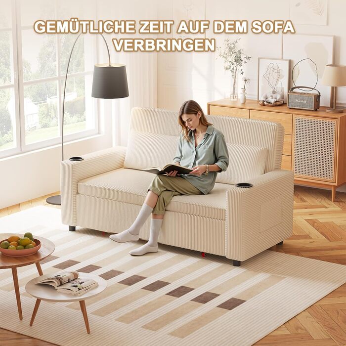 Диван-ліжко JUMMICO 2-місний бежевий з функцією розкладання, подушками та підсклянниками для вітальні/спальні 75x160x93 см