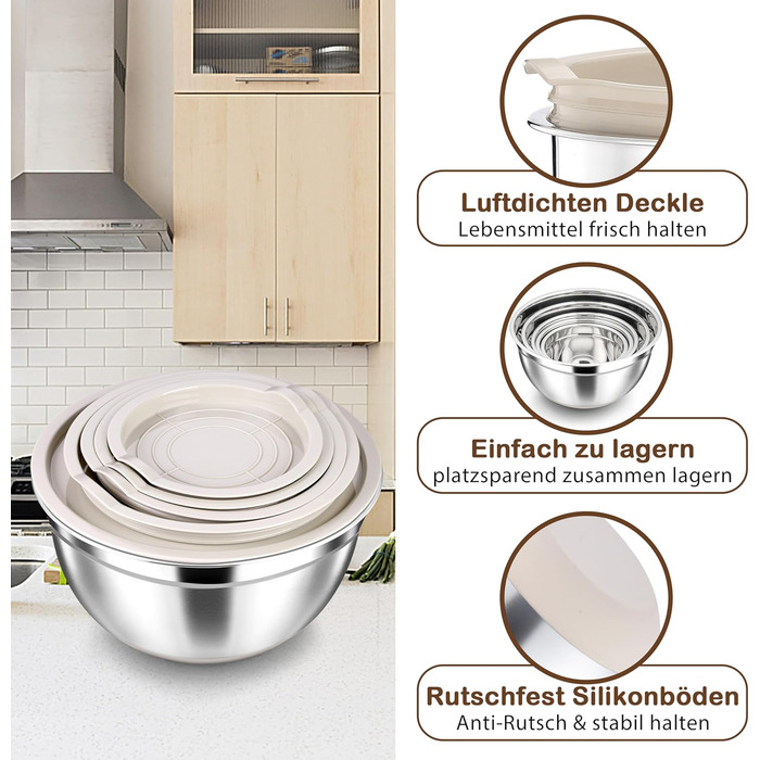 Набір мисок Herogo (6 шт.) з нержавіючої сталі з кришками, 6,7/3,3/2,5/1,5/1,2/0,7 л, для приготування їжі/випічки/зберігання, миюча посудомийна машина, кольору хакі