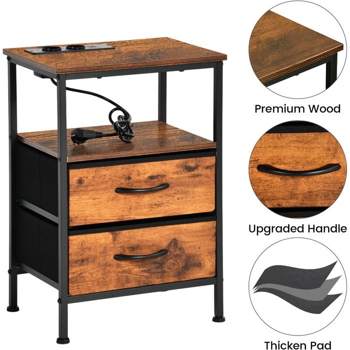 Нічні тумбочки EGGREE (2 шт) з зарядною станцією та шухлядами з тканини, колір вінтажний коричневий, для спальні, невеликих кімнат, готелю та апартаментів. USB-порти та розетки.