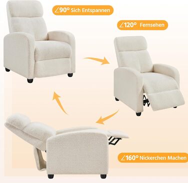 Крісло-релакс Yaheetech з регульованою підніжкою, крісло для телевізора, крісло-ліжак з тканини Boucle, колір слонова кістка