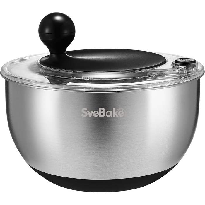 Салатниця-центрифуга 5L з нержавіючої сталі, чорна, з кнопкою стоп, BPA-Free, з прозорою кришкою та дренажним отвором, з протиковзким дном, придатна для миття в посудомийній машині