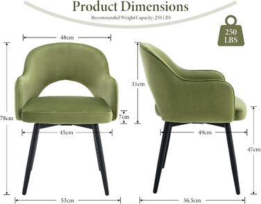 4 крісла з оксамиту для їдальні, обертаються на 360°, кухонні крісла з підлокітниками, м'які бокові крісла для дому, офісу, вітальні (53*58*78 см, зелені)