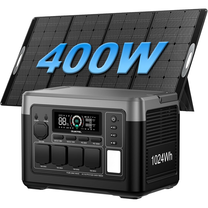 Портативна електростанція 1024Wh LiFePO4, сонячний генератор з 4 роз'ємами AC 1800W (3600W пік), 100W USB-C, швидка зарядка, UPS, для кемпінгу, RV, надзвичайних ситуацій (P1000E PLUS+PV400 сонячна панель)