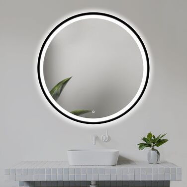 Дзеркало для ванної кімнати LED 60 см з чорною рамою, кругле, з підсвіткою (80x80 см)