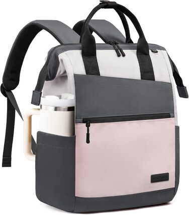 LOVEVOOK Рюкзак для жінок, 15.6 дюймів, рюкзак для школи, підліток, дівчина з великою кишенею для пляшки води, велика відкрита конструкція, сумка для роботи, шкільний рюкзак, рюкзак для подорожей, універсітету, школи (Сірий-рожевий, 15.6 дюймів)