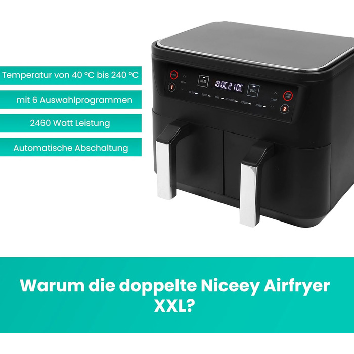 Двозонна фритюрниця Niceey - 8 л - Подвійна фритюрниця XXL на 8 порцій - Двокамерна фритюрниця ємністю 2x4 л - 2460 Вт - Подвійна функція - чорний