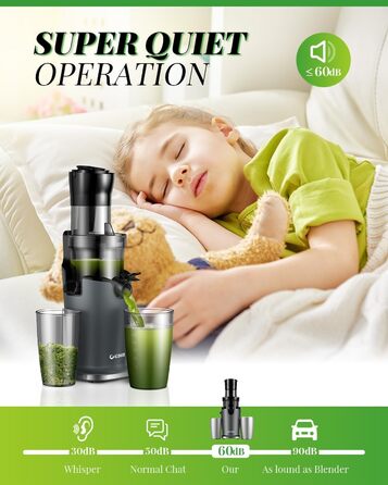 Електричний соковитискач GDOR з великою завантажувальною воронкою 90 мм, висока врожайність, тихий, BPA-free, легко миється, 200W, сірий