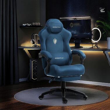Ігровий крісло Dowinx з масажем попереку, регульованою підголівником, потовщеним сидінням, висувною підніжкою, регульованими підлокітниками, мікрофіброю велюром, нахилом 160°, блакитний колір