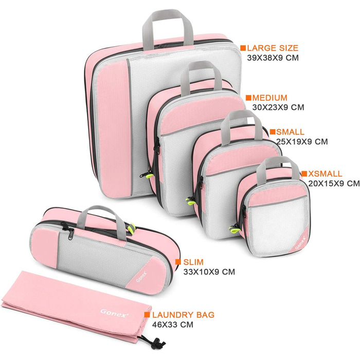 Набір компресійних органайзерів для одягу в подорож Gonex, 6 предметів, рожевий — міцні сумки-пакувальники для валізи та зберігання речей