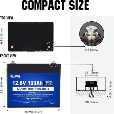 Акумуляторна батарея DCHOUSE 12V 100Ah LiFePO4 із зарядними пристроями на 10 А, оновлений BMS 100 А, до 15000 циклів, літієва батарея 1280 Втгод, ідеально підходить для автофургонів, сонячної системи, каравану, човнів, кемпінгу, автономного режиму (12 В 1