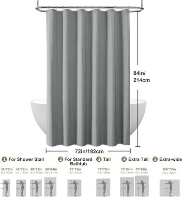 Шторка для душу з льону з металевими кільцями, сіра, 182 x 214 см - Текстильна шторка для ванни, вологостійка, важка