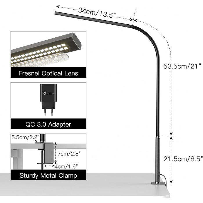 Світлодіодна настільна лампа, затискна лампа для домашнього офісу, 5 колірних режимів і яскравості, чорний