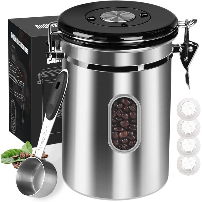 Кавова банка ROCKY&CHAO з нержавіючої сталі 2,8L з віконцем, для кавових зерен, чаю, горіхів, какао. Зберігає свіжість до 1кг. MCUK-2.8L-Silver