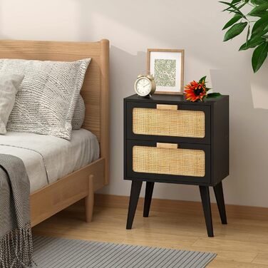 Журнальний столик з ротангу, чорний колір, з 2 висувними ящиками, стиль бохо, для вітальні та спальні