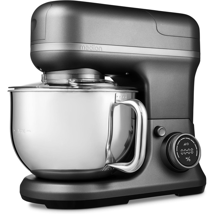 Кухонна машина MEDION Titan: Міксер, м'ясоподрібнювач, 3-в-1, 5 л чаша з нержавіючої сталі, 1200 Вт, натерти, нарізати, цифровий дисплей, 18430