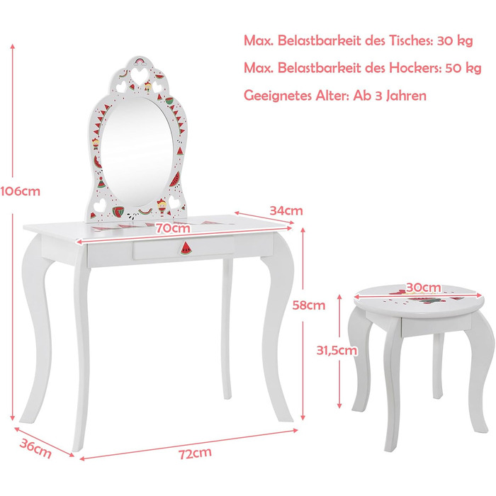 Туалетний столик DREAMADE дитячий з табуреткою, знімне дзеркало, захист проти нахилу, білий кавуновий візерунок