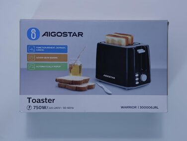 Тостер Aigostar, 7 регульованих рівнів підсмажування функція розморожування та розігріву, 2 широкі отвори для тостів, 750 Вт, чорний тостер для сендвічів