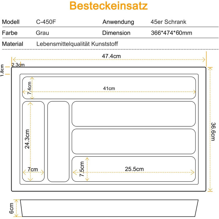 Ящик для столових приладів MUHOO для висувних ящиків 45-дюймова вставка для столових приладів Кухонна вставка для столових приладів 366 x 474 мм