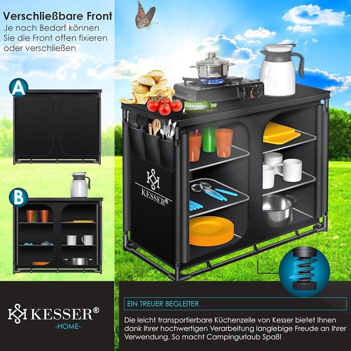 Кемпінгова кухня KESSER® з сумкою та набором посуду | Складаний шафка для кемпінгу | Алюмінієвий каркас | Похідна кухня | Кухонна коробка | Шафка для намету | Чорний/Чорний | Тип F6