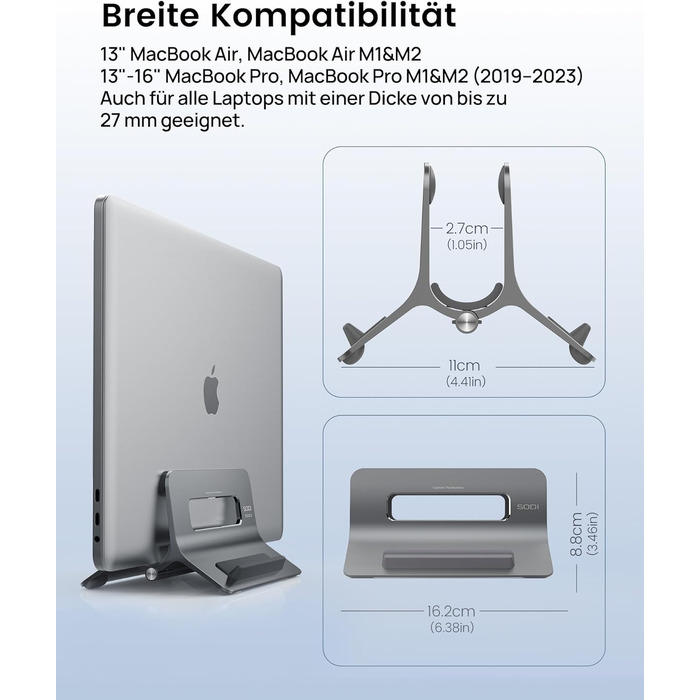 Підставка для ноутбука SODI вертикальна, автоматична, алюмінієва. Захист MacBook, MacBook Pro/Air, ноутбуків, планшетів, телефонів (Space Grey)