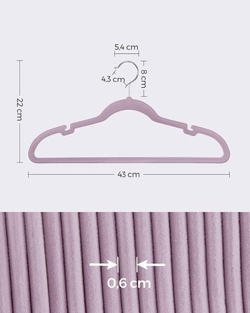 Оксамитова вішалка SONGMIC, комплект з 30 предметів, ремінець, нековзний, з виїмками в області плечей, планка для брюк, гачок, що повертається на 360 , компактний, товщиною 0,6 см, довжиною 43 см, CRF029V03 (ніжно-ліловий)