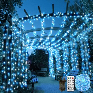 Гірлянда святкова 100 метрів, вологостійка, для дому та саду, з пультом та таймером, 8 режимів, біла/блакитно-біла