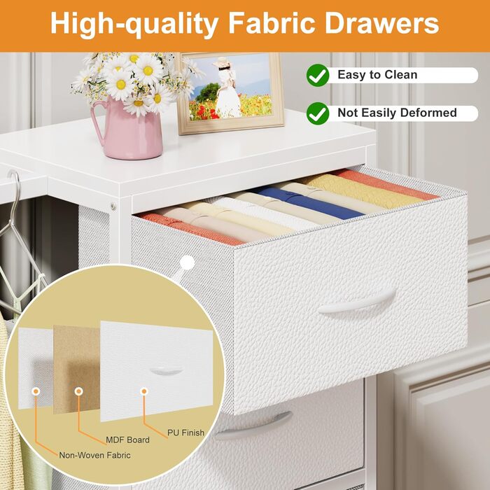 Комод 111 см з 4 висувними ящиками з тканини, полиця для одягу, білий комод для спальні, вітальні, передпокою, шафа для одягу, подарунок, 30T x 76.5B x 111H см (4 ящики), білий