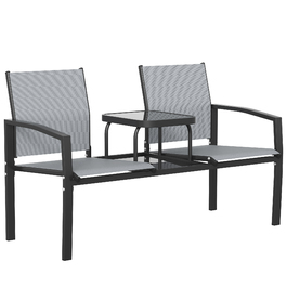 Садова лавка на двох з спинкою та підлокітниками, з двоярусним скляним столиком. Паркова лавка, витримує навантаження до 240 кг, розміри 135 x 67 x 81 см, сірого кольору.