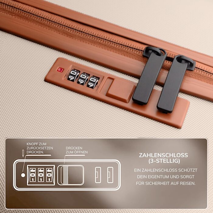 Набір валіз FERGÉ з твердим корпусом (5 шт.) Milano: 3 розміри + сумка для подорожей + органайзер для туалетних речей - 3 шт. Чотирьохколісні валізи, легкі, чорні (великий кофр 65 см, бежево-коричневий)