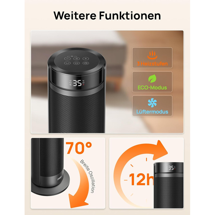 Електричний обігрівач Dreo 23 дюйми (58 см) – 2000 Вт, тихий, з пультом, таймером, осциляцією, 5 режимів, PTC кераміка, для великих приміщень, офісу (чорний)