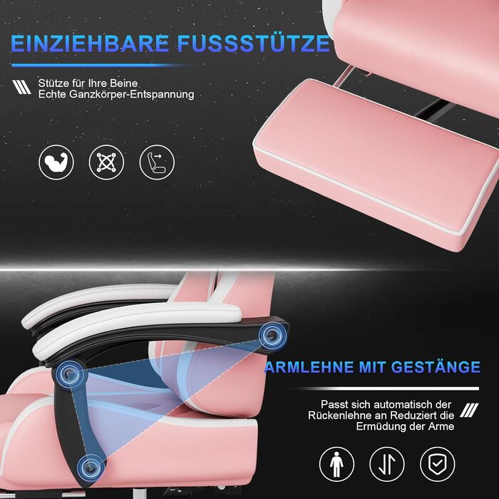 Ігровий крісло JUMMICO з масажем, ергономічний офісний стілець з підголовником, регульована спинка 90-135°, підставка для ніг, витримує до 150 кг (Рожевий, Компактний)