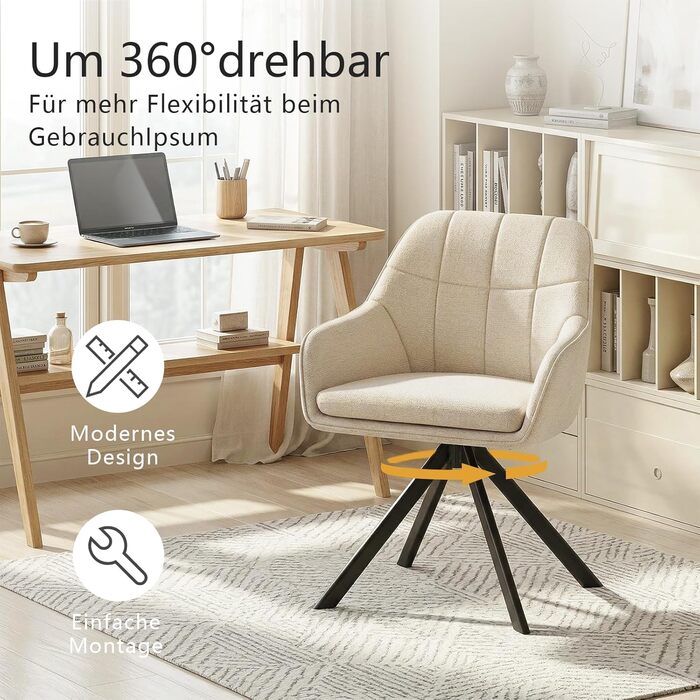 Набір обідніх крісел, сірий, з підлокітниками, з м'яким сидінням, поворотні, для кухні та вітальні (2 шт., кремово-білий)