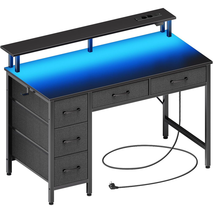 Комп'ютерний стіл Seventable з розетками та LED-підсвічуванням, 100 см, ігровий стіл з 5 ящиками та підставкою для монітора, для офісу, робочого кабінету, спальні, вітальні, чорний