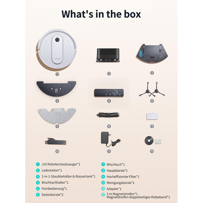 Робот-пилосос Airzeen J10 з функцією миття, 4000Pa, керування через додаток, для твердих підлог, видаляє шерсть тварин, білий